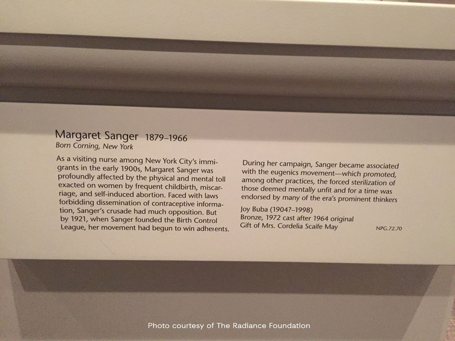 Bust of Margaret Sanger in Smithsonian National Portrait Gallery's "Struggle for Justice" exhibit