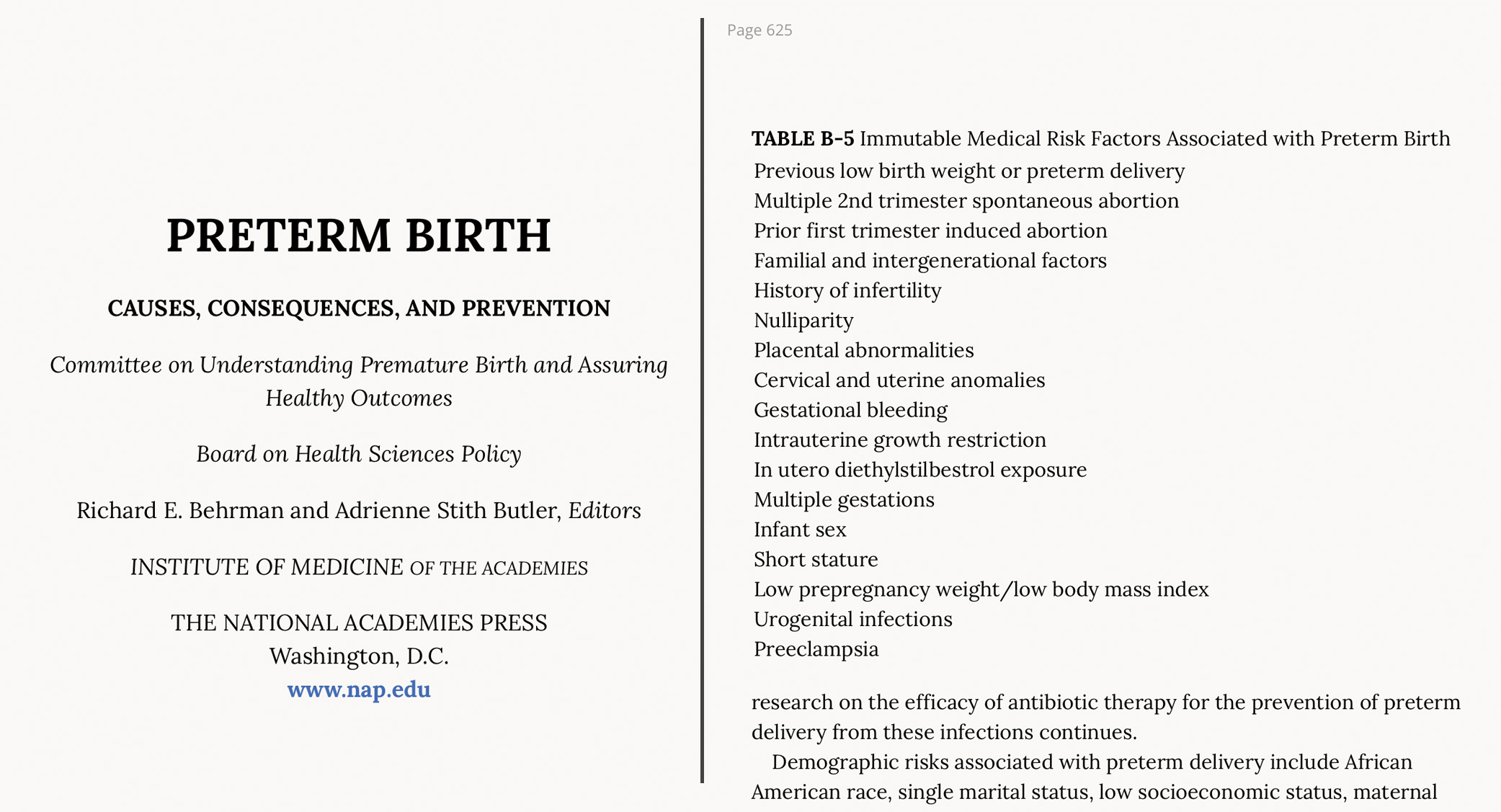 Institute of Medicine - Preterm Births and Induced Abortion