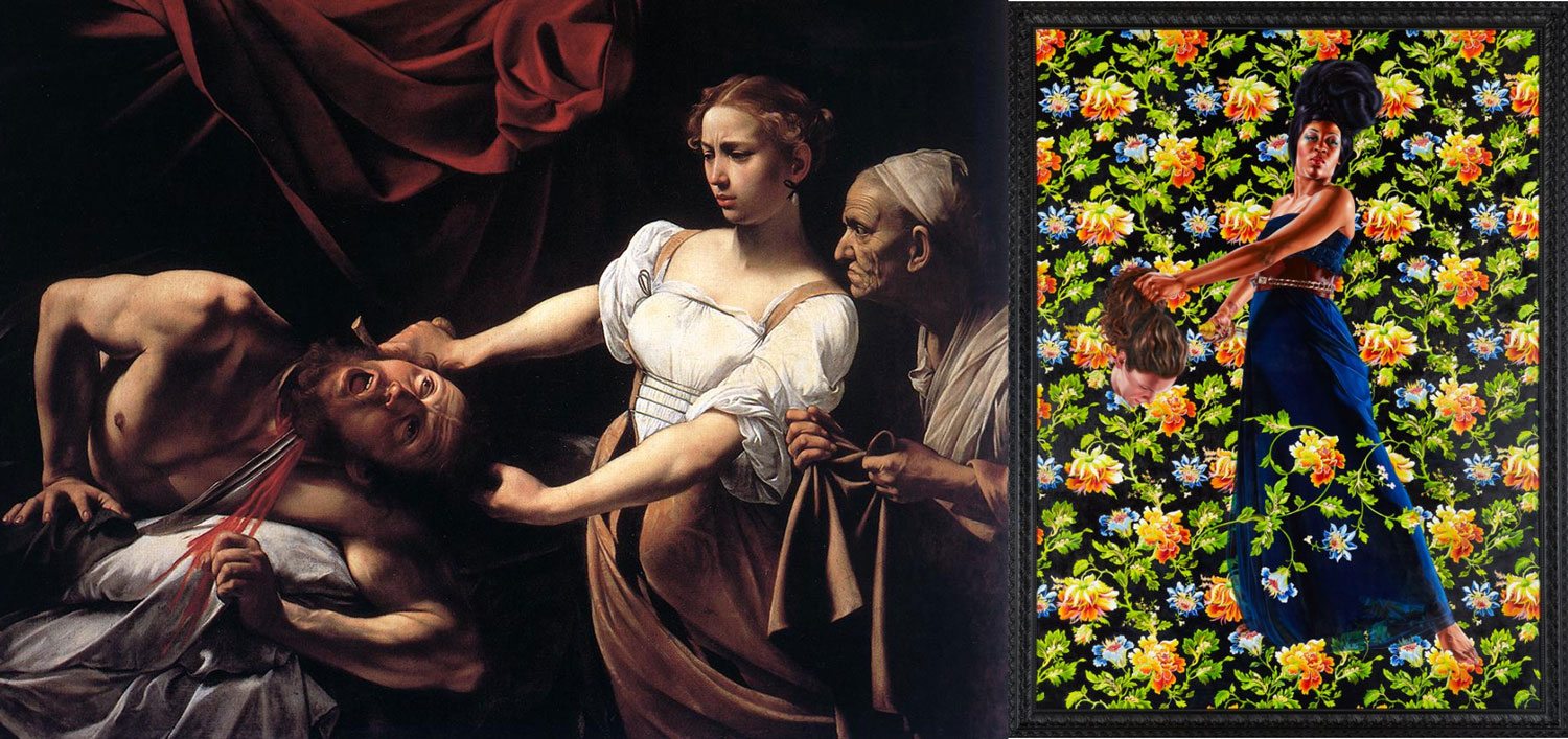 Left: Caravaggio's Judith Beheading Holofernes (c. 1598-1599). Right: Kehinde Wiley's Judith & Holofernes (2012)